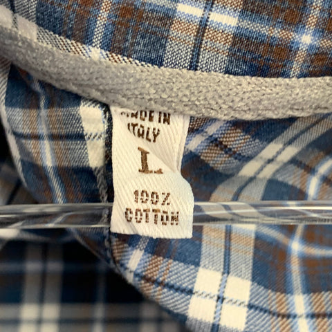 BRUNELLO CUCINELLI Size L Blue White Checkered Cotton Basic Fit Long Sleeve Shirt