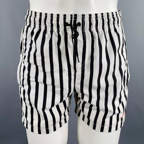 THE KOOPLES Size S White Black Stripe Polyester Drawstring Swim Trunks