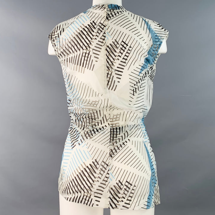 M.GRAY Size 6 White Blue Black Cotton Abstract Stripe Sleeveless Casual Top