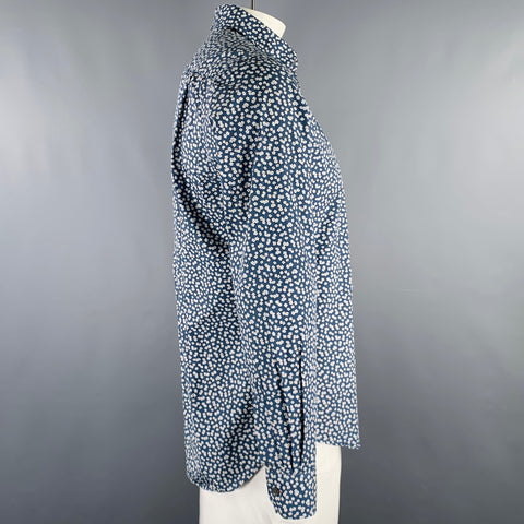PAUL SMITH Size L Blue White Floral Cotton Spread Collar Long Sleeve Shirt