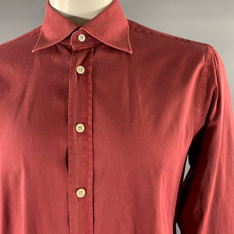 KITON Size XL Burgundy Twill Pointed Collar Long Sleeve Shirt