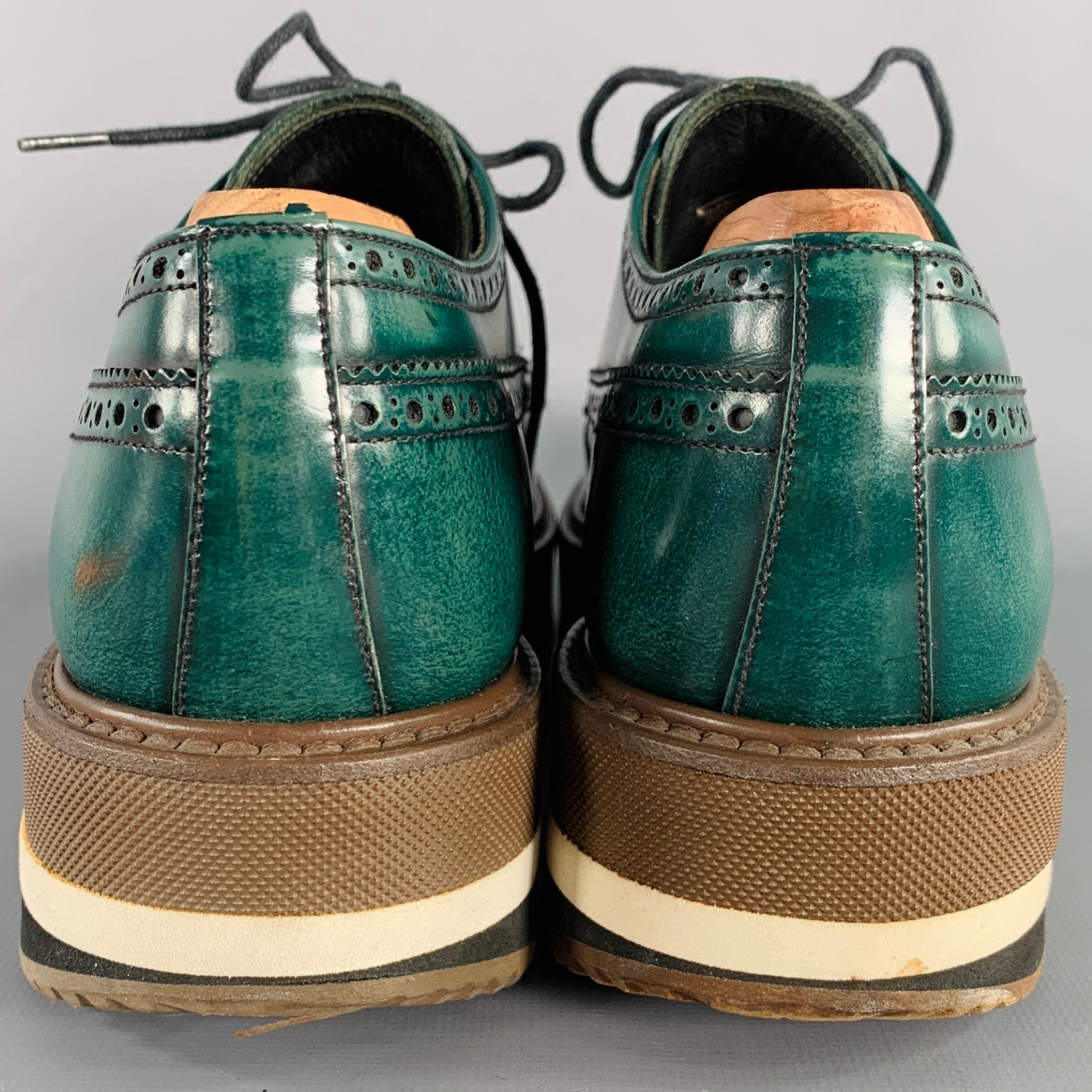 PRADA Size 6.5 Green Brown Wingtip Leather Platform Lace-Up Shoes