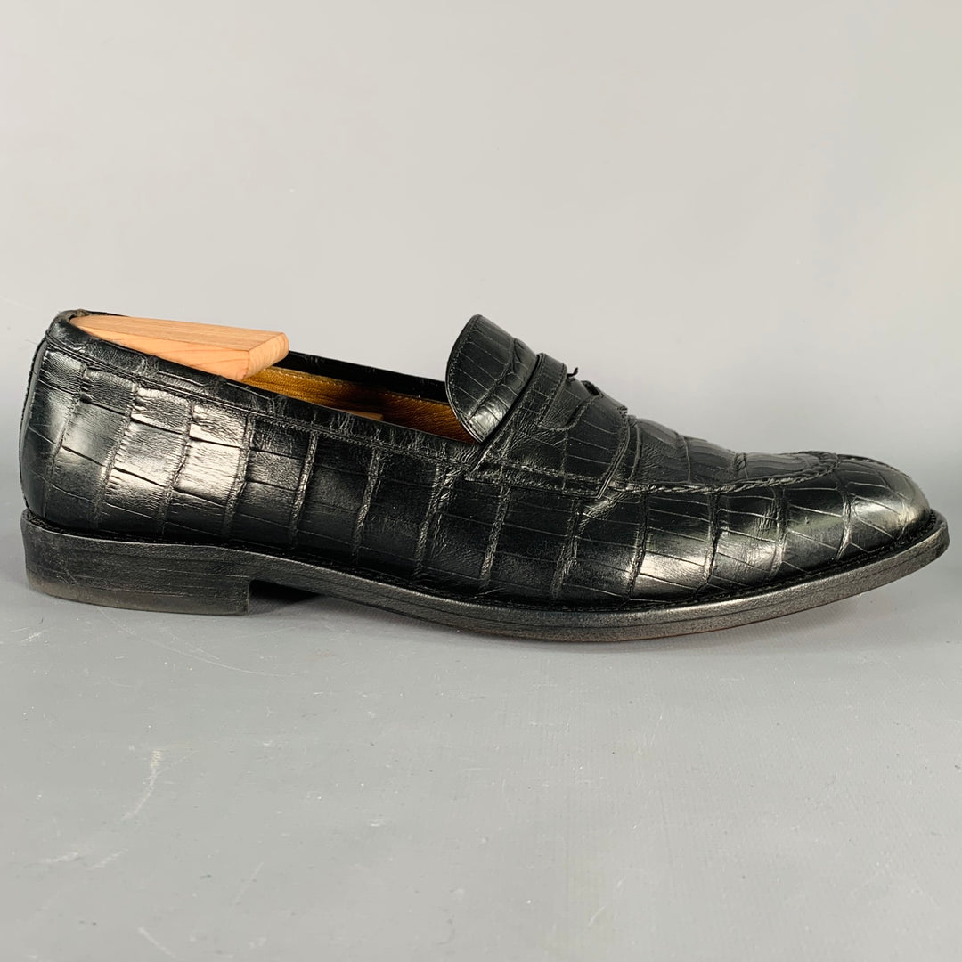 A. TESTONI Size 11.5 Black Crocodile Leather Penny Loafers