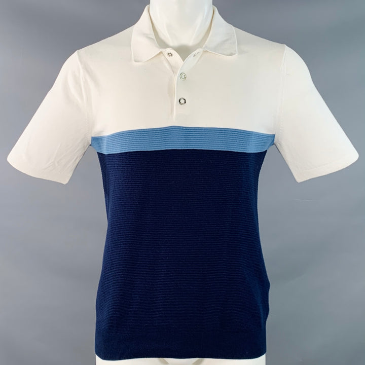 REISS Size S Christie White Blue Navy Stripe Cotton Half Placket Polo