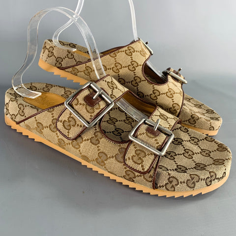 GUCCI Size 10.5 Brown Guccissima Monogram Canvas Double Buckle Sandals