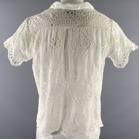 JOHNNY WAS Chemise à manches courtes en rayonne blanche, col cubain, motif napperon, taille XL