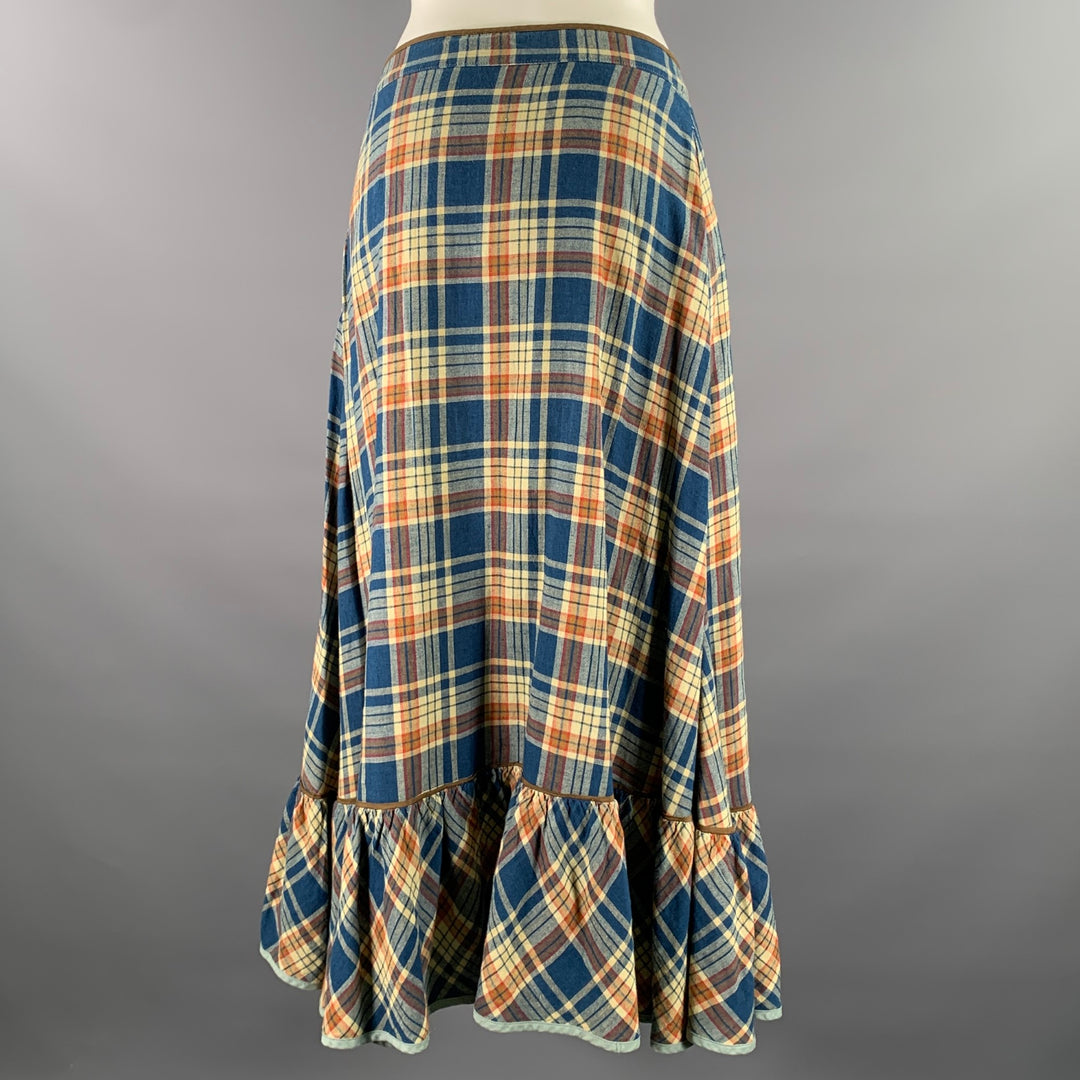 RRL by RALPH LAUREN Size 2 Blue Orange Linen Cotton Plaid Maxi Skirt