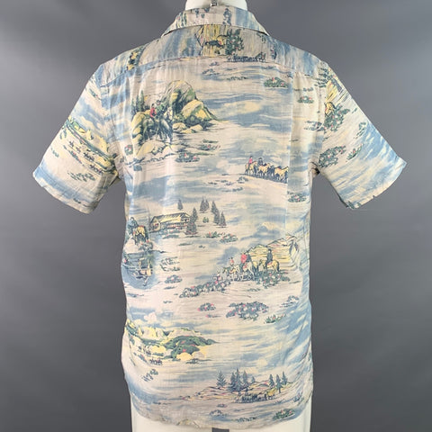 RRL by RALPH LAUREN Size M Blue Grey Yellow Cowboys Print Camp Short Sleeve Shirt