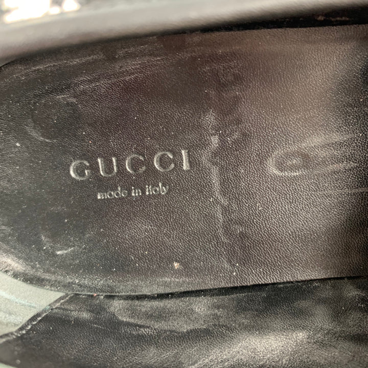 GUCCI Size 11.5 Black White Tweed Monogram Leather Slip On Flats