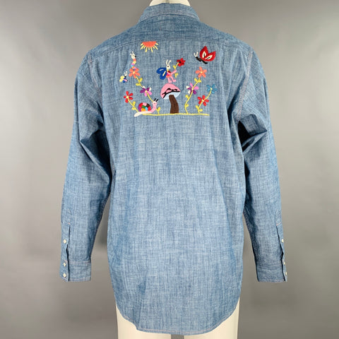 NEEDLES Size M Blue Multi Color Embroidery Chambray Snaps Long Sleeve Shirt