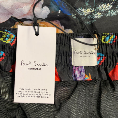 PAUL SMITH Size L Black Multi Color Floral Polyester Drawstring Swim Trunks