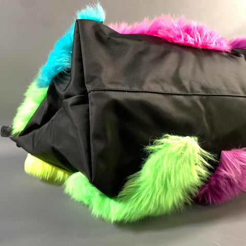 LONGCHAMP Black Color Block Nylon Faux fur Weekender Bag
