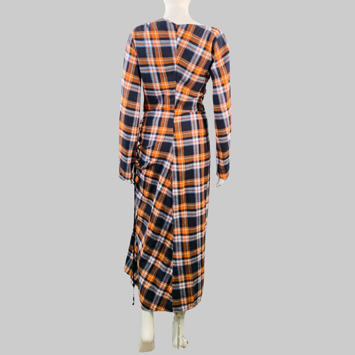 N°21 Size 4 Orange Black White Cotton Plaid Asymmetrical Ruched Maxi Dress