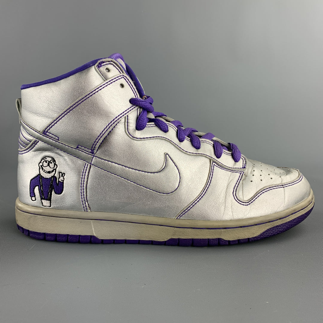 NIKE SB "Dinosaur Jr." Size 8.5 Silver & Purple Metallic Leather High Top Sneakers
