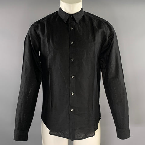 THEORY Size M Black Solid Linen Cotton Wool Pointed Collar Long Sleeve Shirt