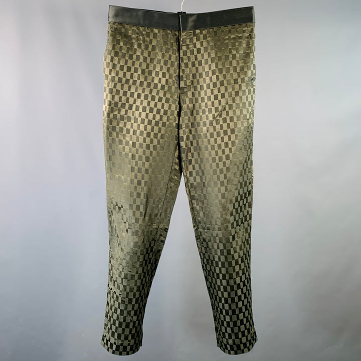HAIDER ACKERMANN Size 32 Olive Checkered Linen Silk Cropped Casual Pants