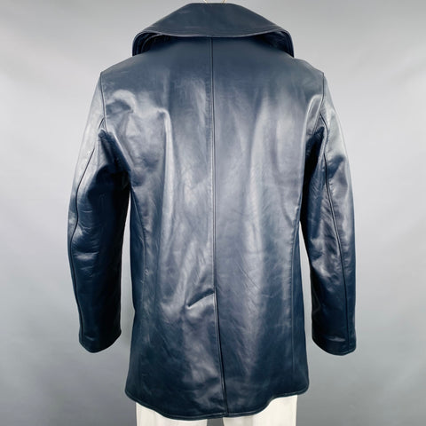 LOST WORLDS Size 44 Navy Leather Double Breasted Peacoat