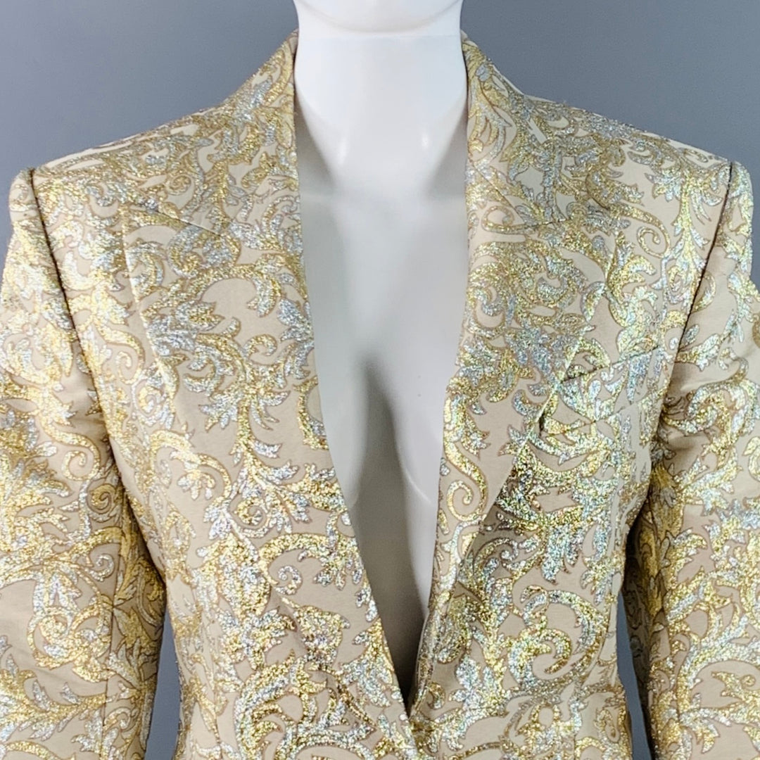 STELLA McCARTNEY Size 2 Metallic Gold Silver Polyamide Blend Jacquard Peak Lapel Pantsuit