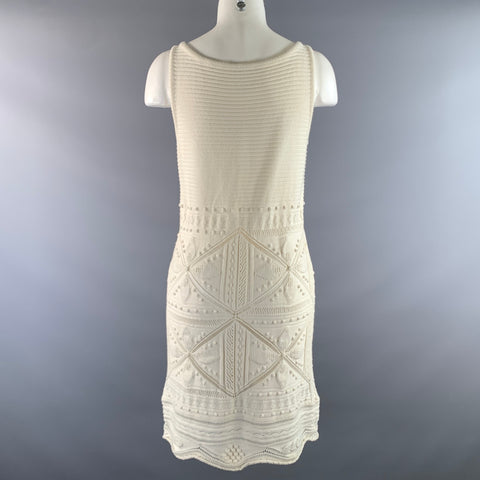 CHANEL Size 8 White Cotton Geometric Ribbed Knee Length Dress