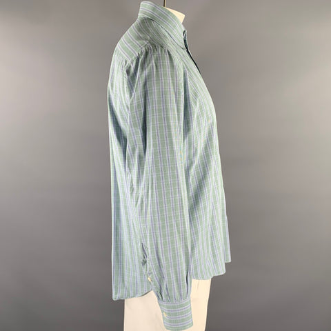 BRIONI Size L Green Blue White Plaid Cotton Long Sleeve Shirt