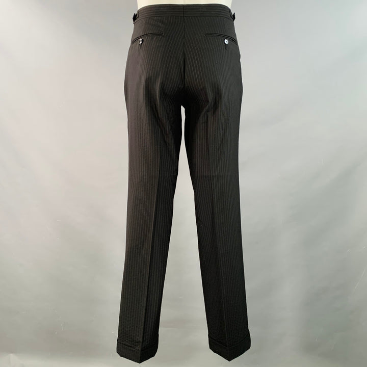 RALPH LAUREN Size 38 Regular Black Pinstripe Wool Double Breasted Peak Lapel Suit