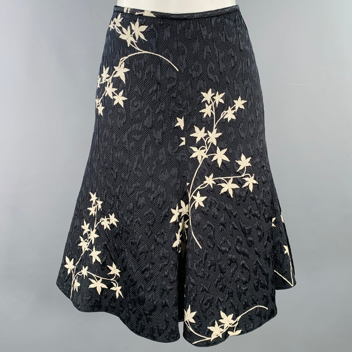 ARMANI COLLEZIONI Size 4 Black White Silk Wool Floral A-Line Below Knee Skirt