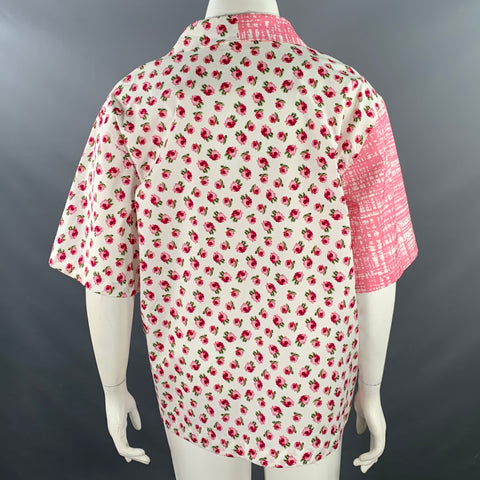 PRADA Size L Pink White Mixed Fabrics Floral Crosshatch One Pocket Camp Shirt