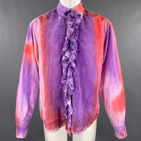 MARNI Size XS Purple Orange Tie Dye Viscose Ruffle Oversized Long Sleeve Shirt