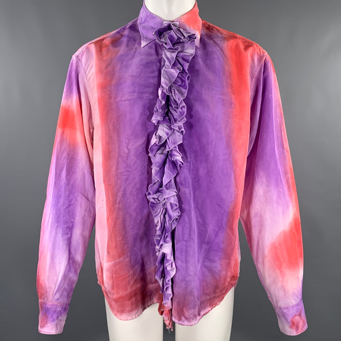 MARNI Size XS Purple Orange Tie Dye Viscose Ruffle Oversized Long Sleeve Shirt