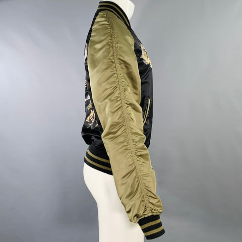 ALPHA INDUSTRIES Size S Beige Olive Yellow Embroidery Nylon Bomber Jacket