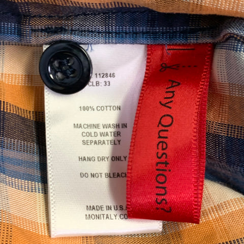 MONITALY Size M Blue Orange Plaid Cotton Collarless 1/4 Zip Pullover
