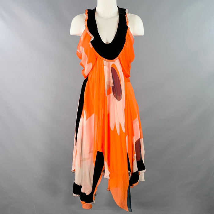 SONIA RYKIEL Size M Orange Black Silk Abstract Sleeveless Velvet Trim Asymmetrical Midi Dress