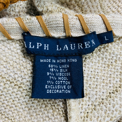 RALPH LAUREN Size L Beige Linen Blend Leather Trim Halter Wrap Dress