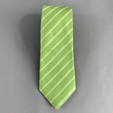 ISAIA Green White Diagonal Stripe Silk Tie