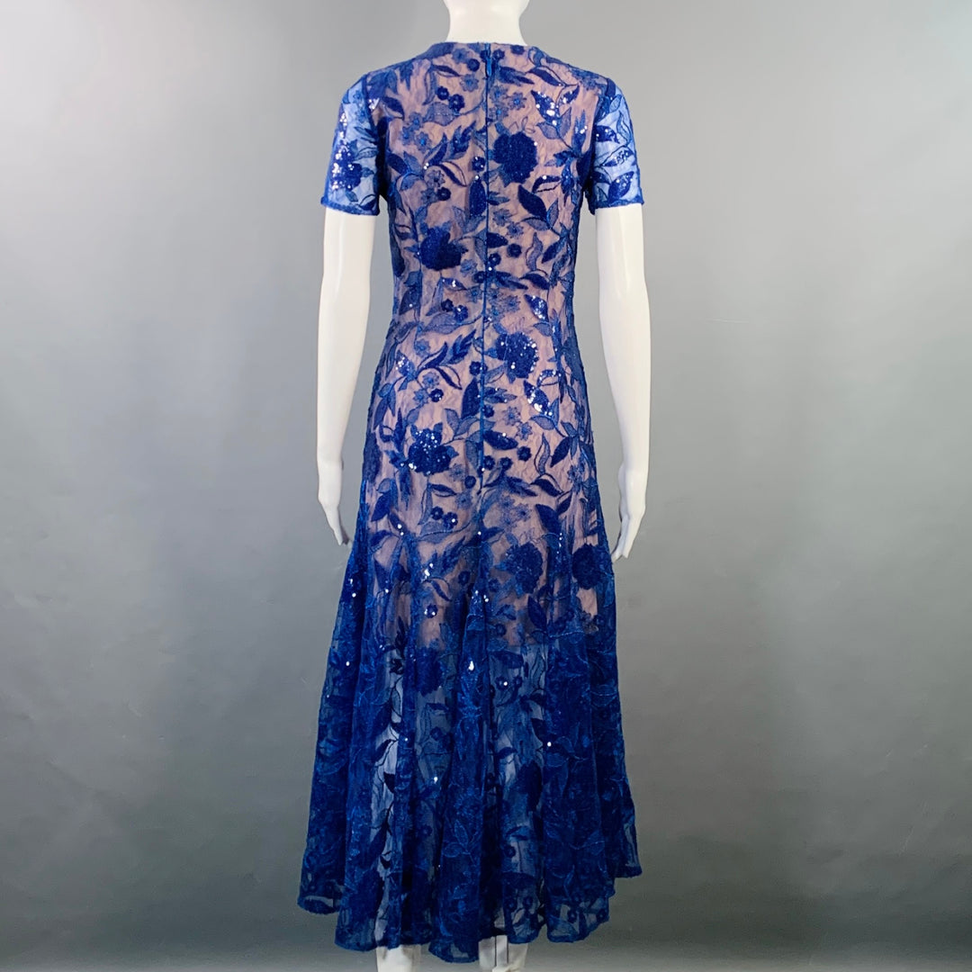 COSTARELLOS Size 4 Blue Nude Lace Sequined Short Sleeve Midi Cocktail Dress