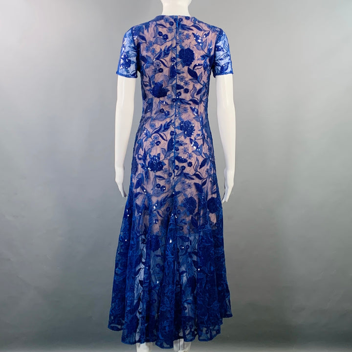 COSTARELLOS Size 4 Blue Nude Lace Sequined Short Sleeve Midi Cocktail Dress