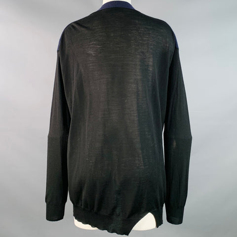 STELLA McCARTNEY Size 8 Navy Black Virgin Wool Two Tone V-Neck Cardigan