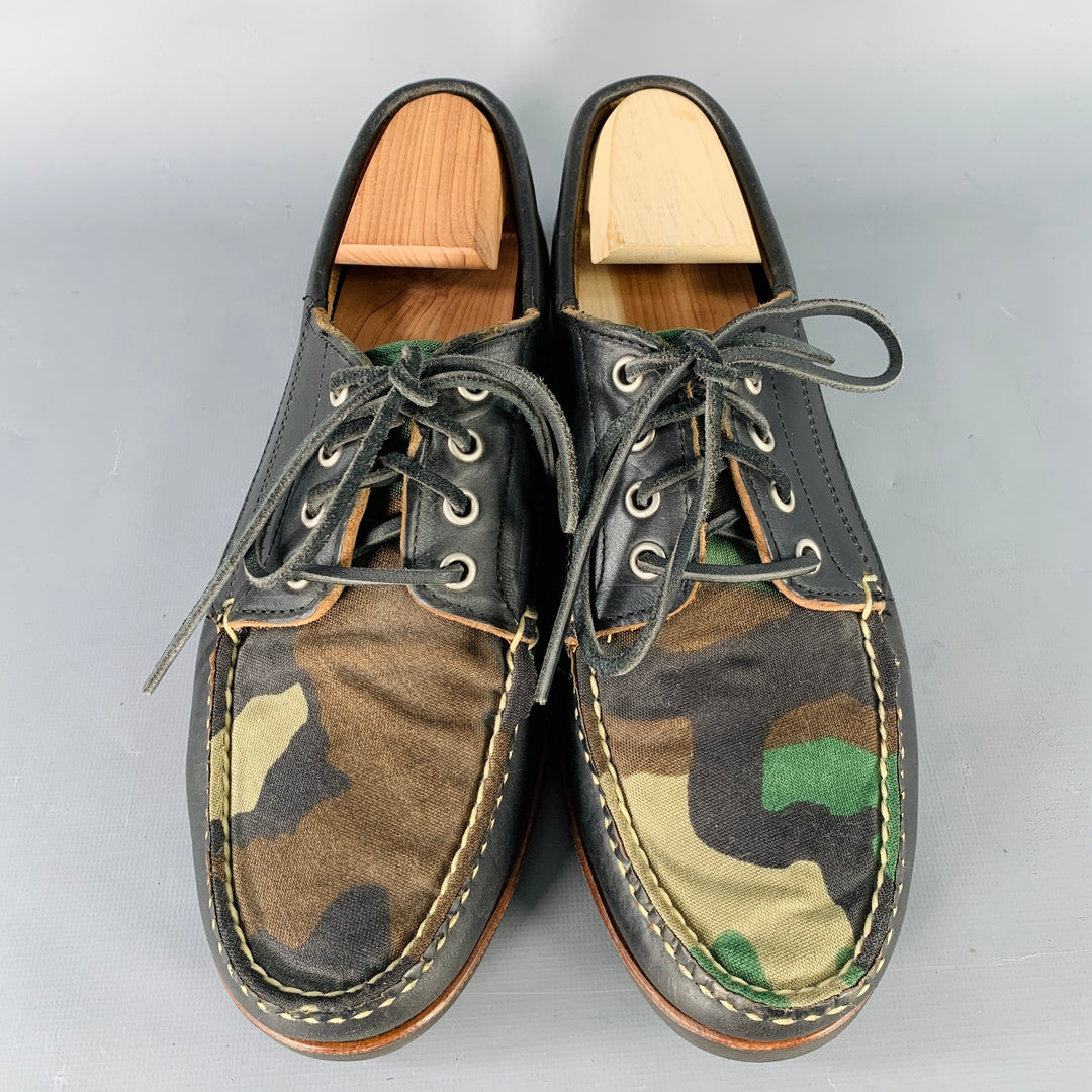 MARK McNAIRY Size 10 Black Brown Green Camouflage Leather Boat Lace-Up Shoes