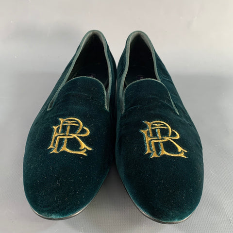 RALPH LAUREN Size 8.5 Green Velvet Monogram Slip On Flats