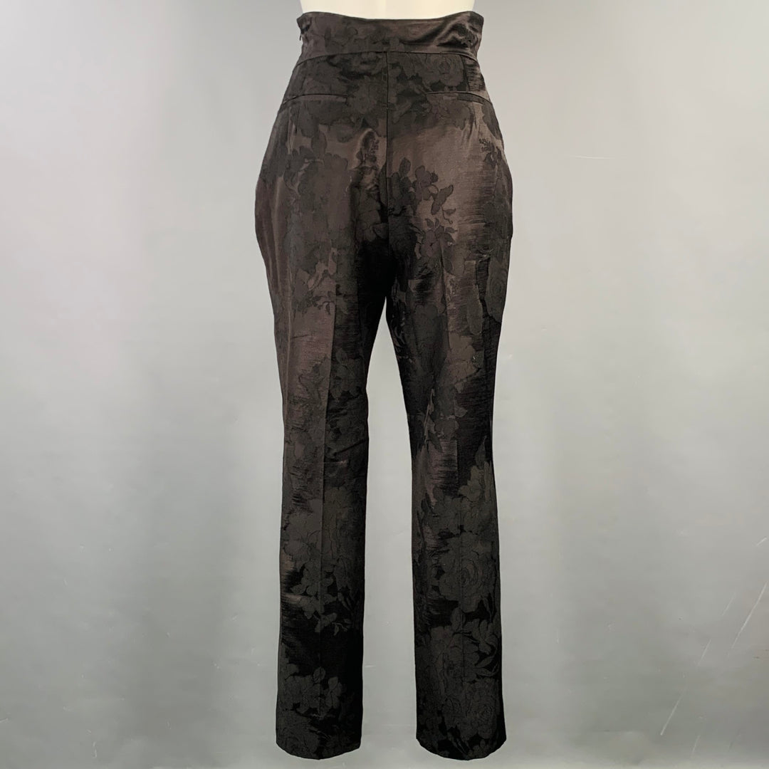 ERDEM Size 8 Helga Black Wool Blend Floral Flat Front Dress Pants