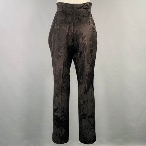 ERDEM Size 8 Helga Black Wool Blend Floral Flat Front Dress Pants