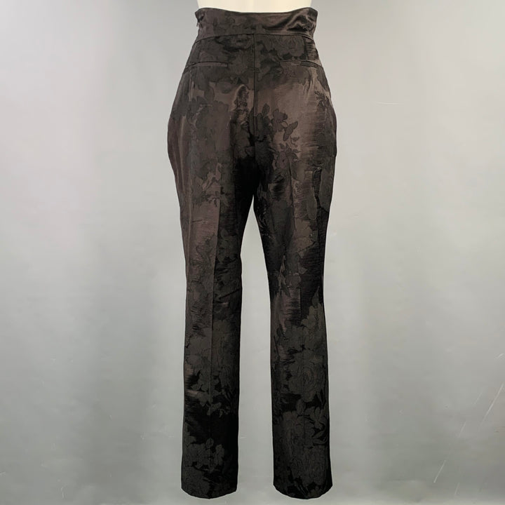 ERDEM Size 8 Helga Black Wool Blend Floral Flat Front Dress Pants