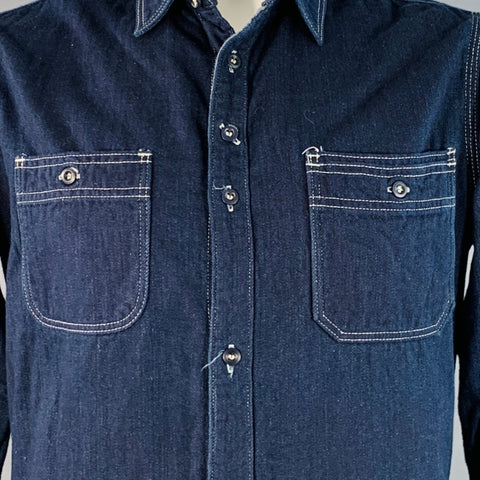 FREEMANS SPORTING CLUB Size L Navy Indigo Twill Cotton Contrast Stitch Long Sleeve Shirt