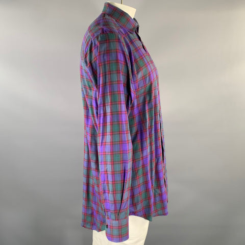ETRO Size XL Purple Red Green Plaid Pointed Collar Long Sleeve Shirt
