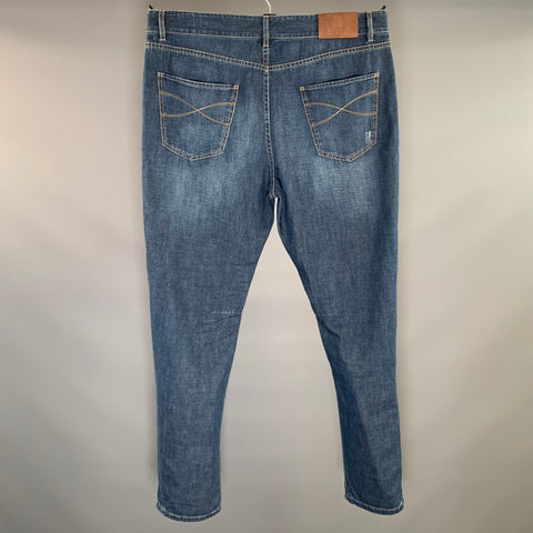 BRUNELLO CUCINELLI Size 36 Blue Indigo Distressed Cotton Button Fly Jeans