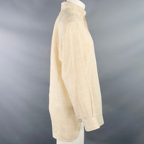 FACONNABLE Size S Beige White Window Pane Linen One Pocket Long Sleeve Shirt