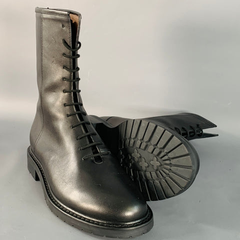 LEGRES Size 8 Black Leather Lace-Up Zipper Boots