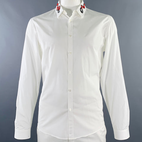 GUCCI Size L White Red Snake Applique Cotton Button Up Long Sleeve Shirt