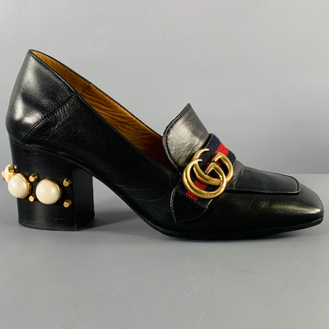 GUCCI Size 7.5 Marmont Black Leather Pearls Chunky Heel Pumps