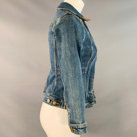 BURBERRY Size 2 Blue Cotton Blend Denim Plaid Trim Button Up Jacket